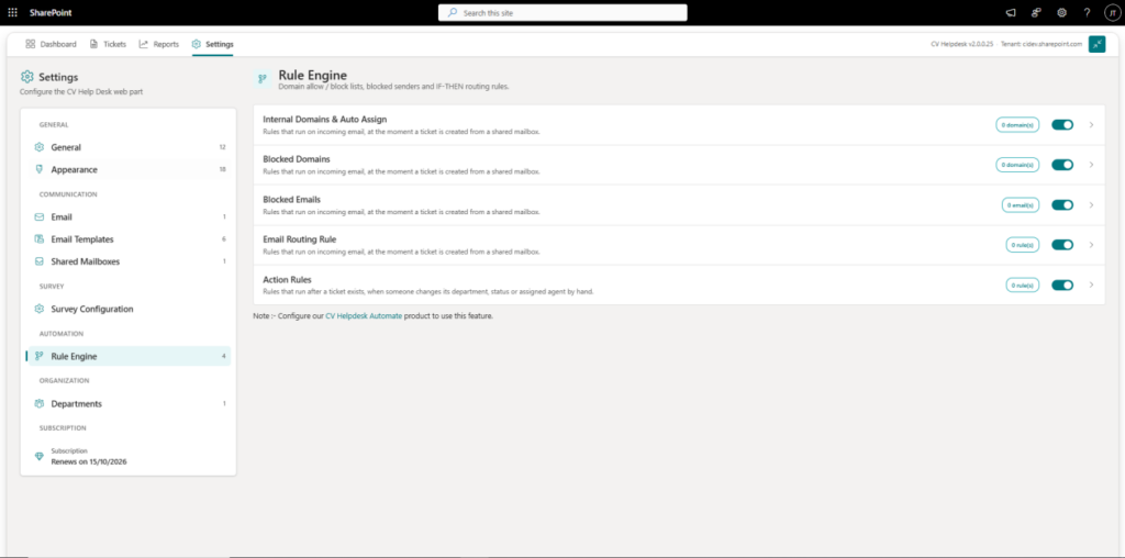 Rule Engine section - CV helpdesk