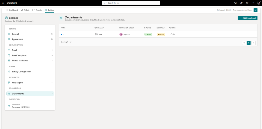 Departments section - CV helpdesk