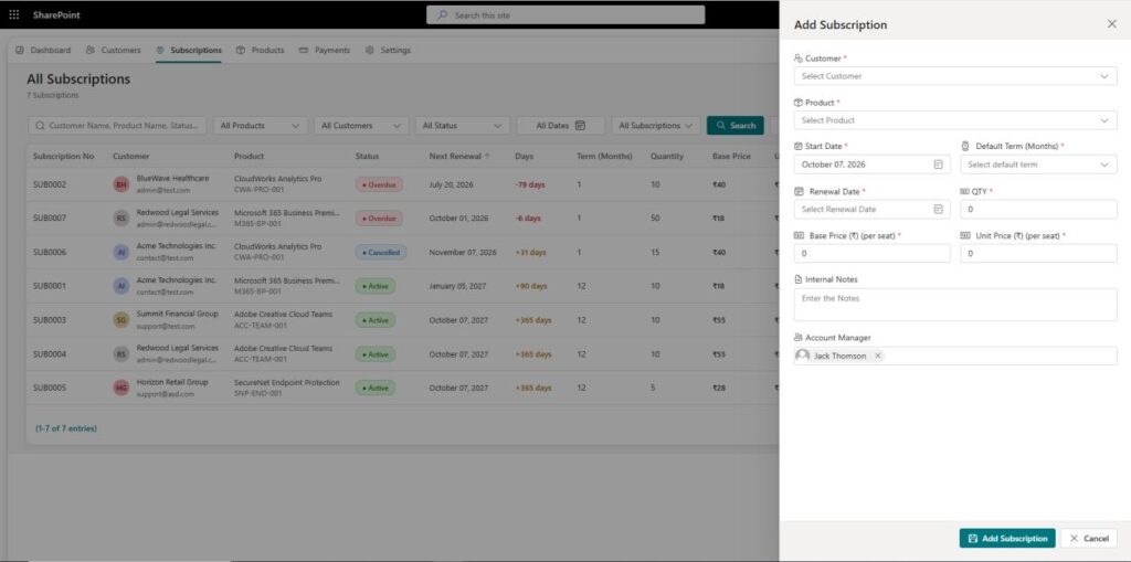 Add Subscriptions in CV Renew 365