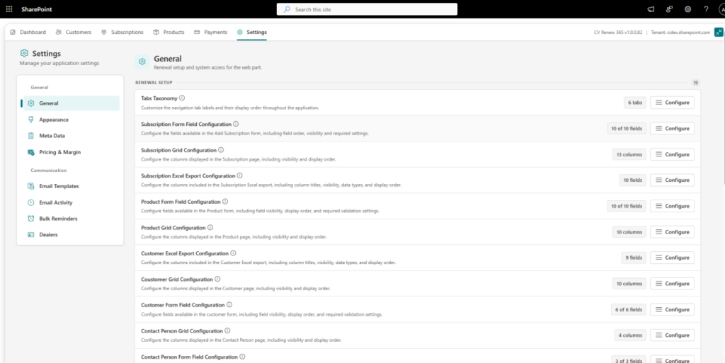 General Settings in CV Renew 365