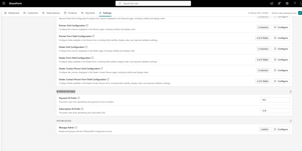 General Settings in CV Renew 365 info