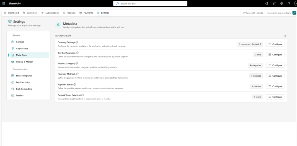 Meta Data section in CV Renew 365