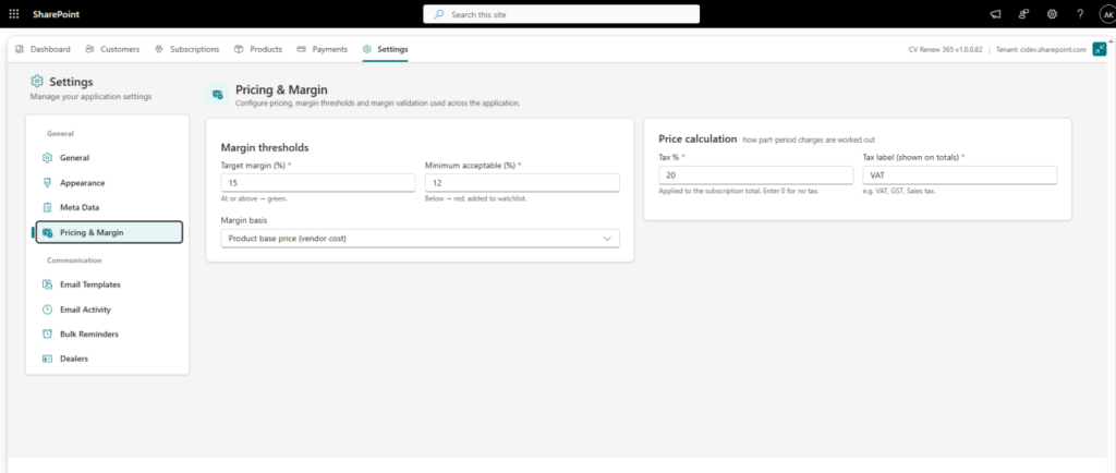 Pricing & Margin section in CV Renew 365
