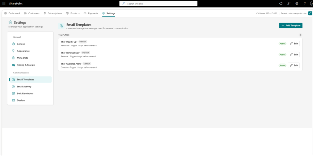Email Templates section in CV Renew 365