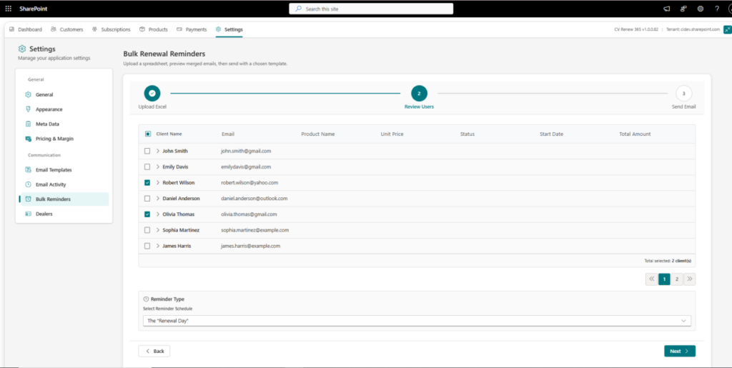 Bulk Reminders section in CV Renew 365