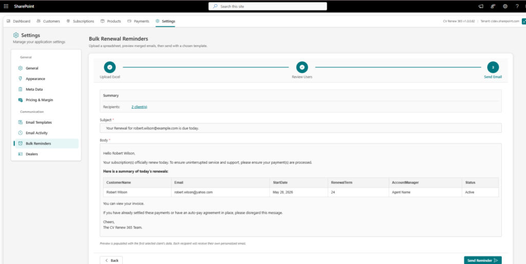 Bulk Reminders in CV Renew 365